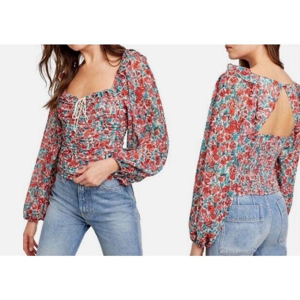 Free People Mabel Printed Blouse Floral Ruffle Ruched Smocked Open Back XS